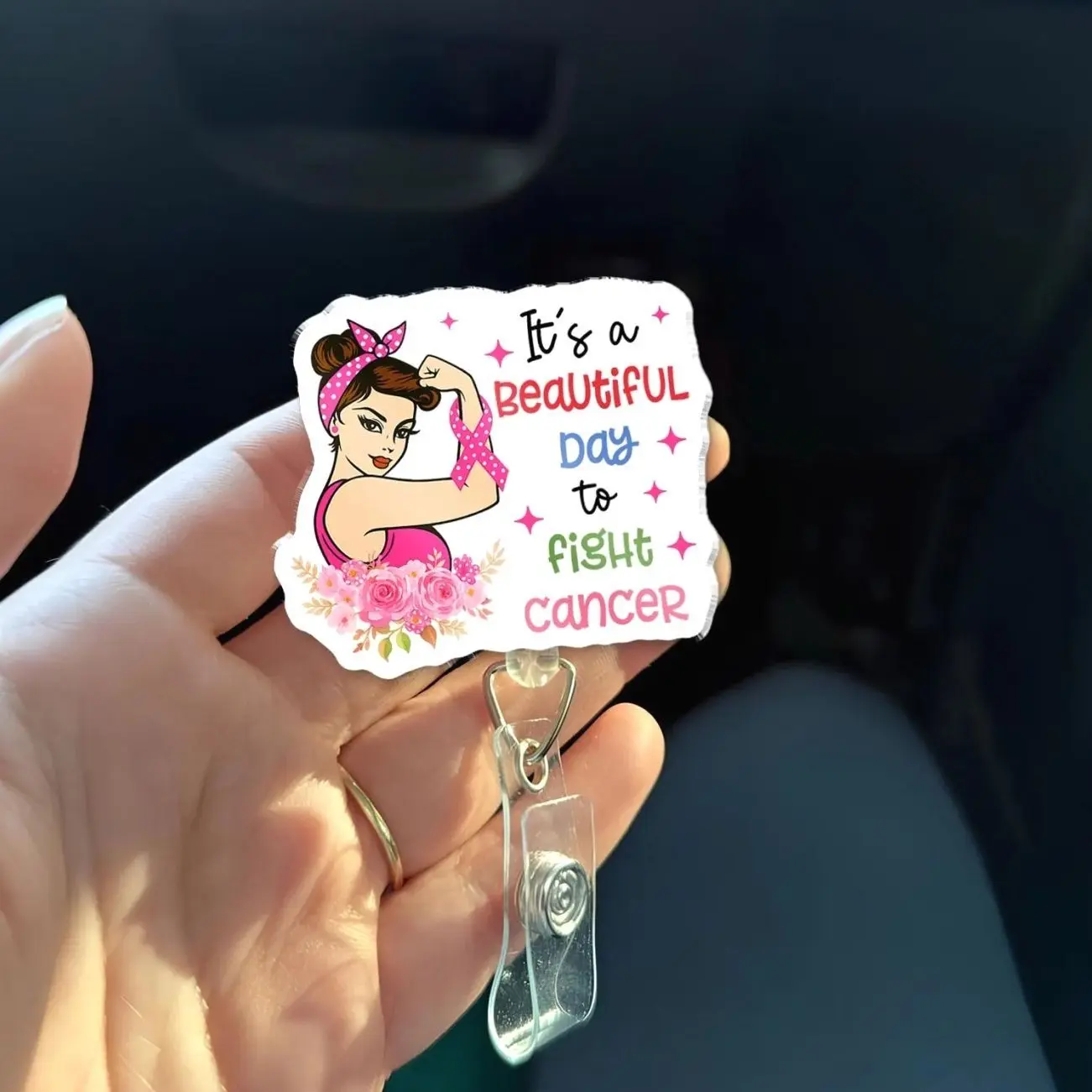 Breast Cancer Awareness Badge Reel - It's a Beautiful Day to Fight Cancer Retractable ID Holder, Pink Ribbon Nurse Name Tag Clip, Nurse Gift
