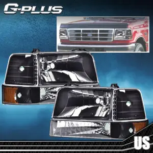 Fit For 92-96 Ford F150 F250 F350 Black Housing Amber Corner Headlight Lamps