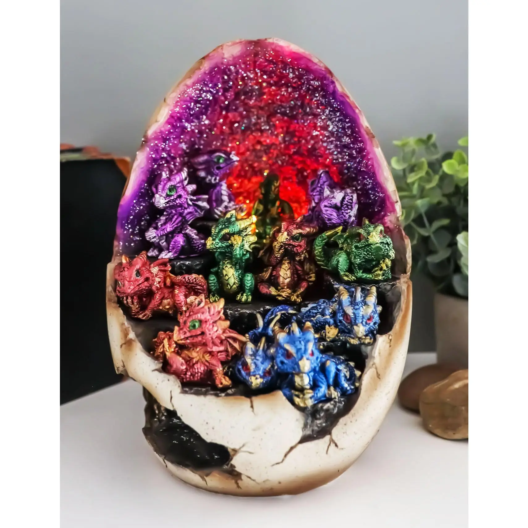 Ebros Geode Dragon Egg LED Light Display Stand with 12 Baby Dragons Figurine Set