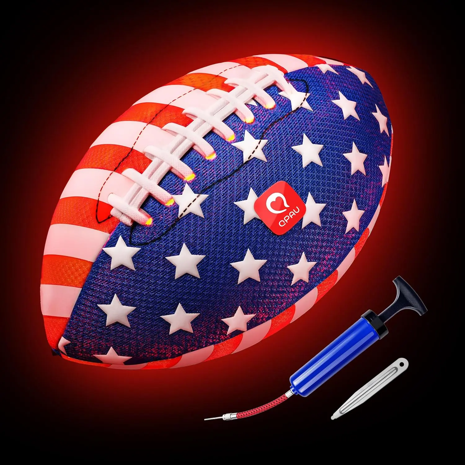 QPAU 9" Glow in the Dark American Football – USA Flag Light Up Night Game Ball for Kids 6-12, Backyard Camping Outdoor Toy, Pump & Batteries Included, Birthday Gift for Boys Girls, Football, back to school
