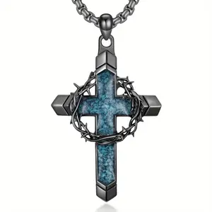 [Trendy Thorn Wreath Cross]Punk Retro Men's Turquoise Cross Pendant Necklace |   Thorn Wreath Design # Men'sJewelry # PunkStyle # CrossNecklace # RetroAccessories # Men'sFashion # TurquoiseJewelry