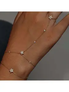 Cross-border popular flower linked-finger bracelet, High Quality Bracelet, simple and sweet, niche, Stackable Bracelets, with wate(water drill) hand chain and ring in one piece, fashionable and versatile for women
