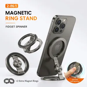 2PCS Double-Sided Magnetic Fidget Spinner Phone Ring Stand - Heavy Duty Zinc Alloy Kickstand for Gym Mount & Desk, Includes 2 Extra Magnet Rings for All Phones(Gray + Gold)