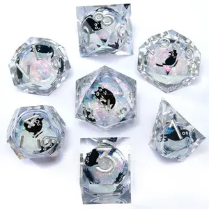 Cat Theme Liquid Core D&d Dice Set, 7 Polyhedral Dice, Tabletop Game Festival D&d Dice Kit, Mtg Dice, Dragon & Dungeon Dice, Resin Dice