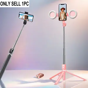 Retractable Phone Tripod with Dual Beauty Fill Lights, Portable Selfie Stick with BT Remote Control for Live Streaming, Phone Accessories, Selfie Stand