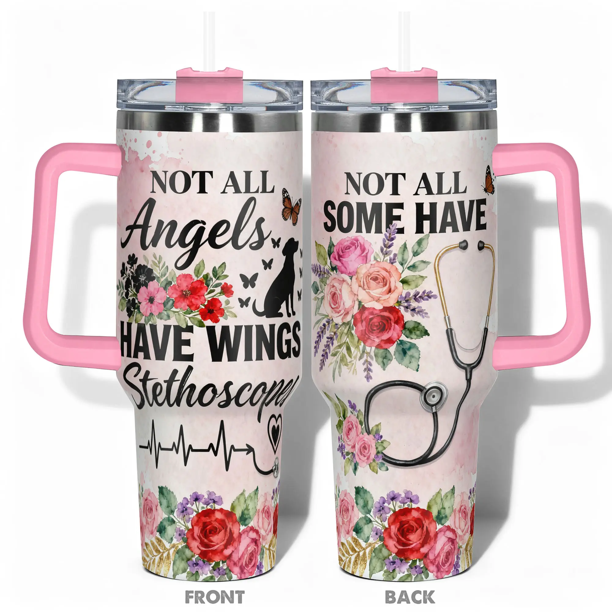 1pc Stainless Steel Vacuum Insulated Tumbler 40oz/30oz/22oz/20oz/14oz Water Bottle,Funny Design With Not All Angels Have Wings Stethoscopes Double-layer insulation Leakproof Large Capacity, Needed for Gym, Hiking, Travel Ideal Birt