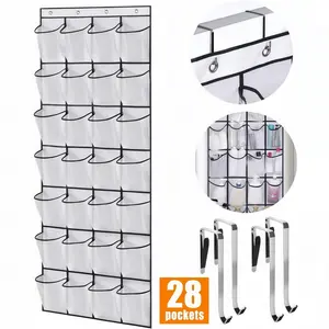 LMMAKE 28-Pocket Over- door Organizer with 4 Metal Hooks - Large Capacity Hanging Shoe Rack for Space-Saving Storage.  Stand Adjustable Shoe Rhoe