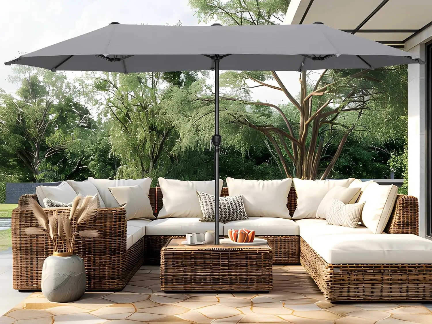 PHI VILLA 13ft Large Outdoor Patio Double-Sided Umbrella, Rectangle, Grey | 13x6.5 ft shade, rectangular, patio table market umbrella, triple head, UV blocking, with crank handle, for deck, outside