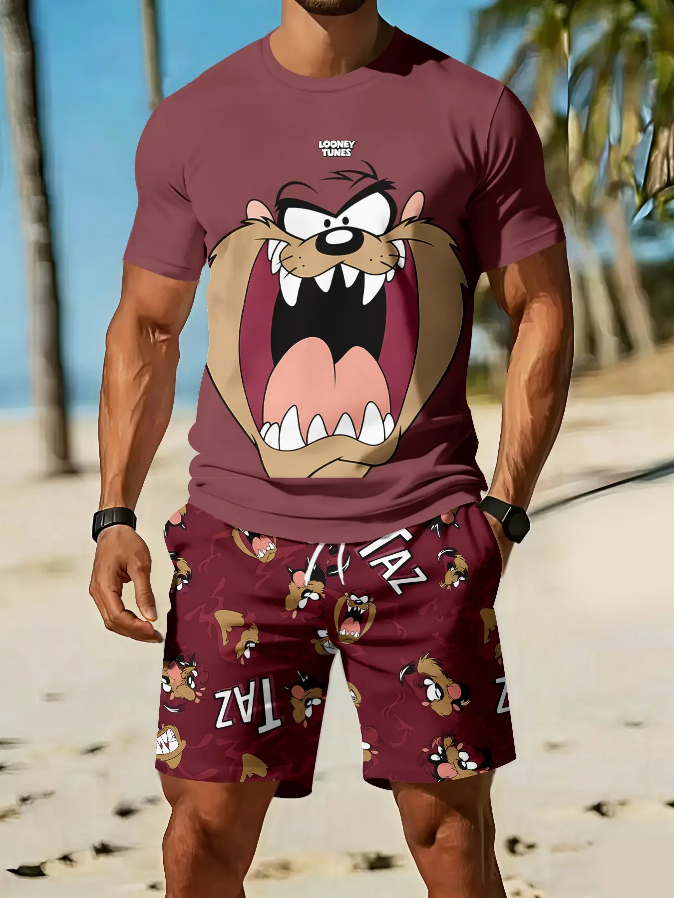 Men's 3D Digital Printed Round Neck 2-Piece Casual Set with Funny Big-Mouth Monster Full-Print, Clothes, Trendy Outfit, Vacation-Style Tropical Wear, Breathable Sports & Casual Style, Ideal Festival Gift for Men