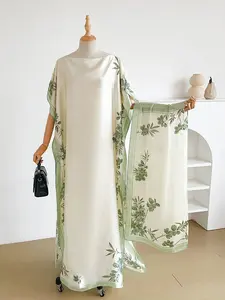 Women's Elegant Chic Silk Plant Print Floral Dress Set, Long Robe Shawl + Scarf, Beach Sun Protection Satin Wrap, All Seasons Fashion Elegance, Smooth, Casual Boho Style Floral Printed Elegant