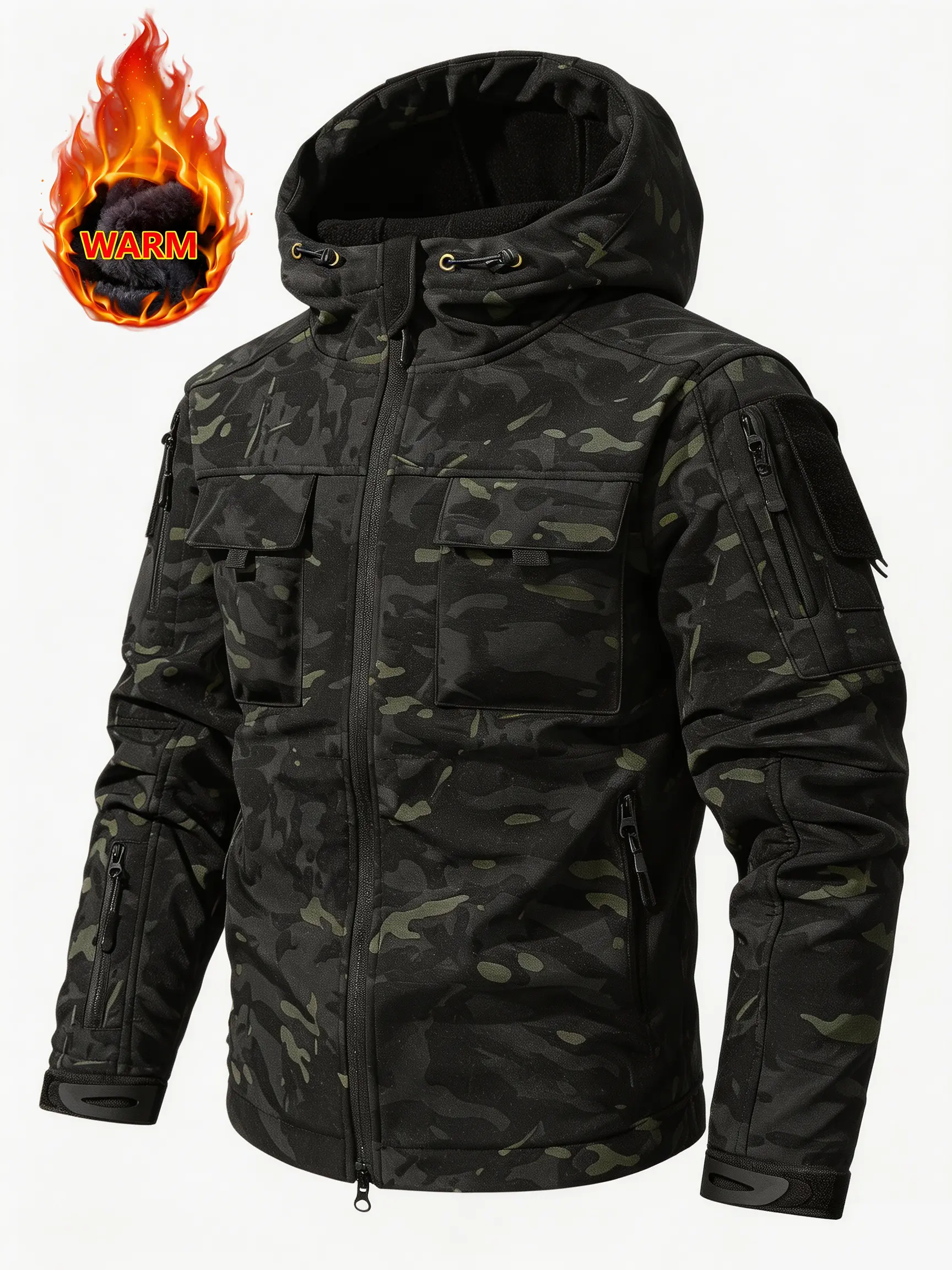 Men's Camo Fleece‑Lined Softshell Jacket, Water Repellent Windproof Hooded Tactical Coat, Multi‑Pocket Warm Outdoor Work Jacket for Hiking Camping