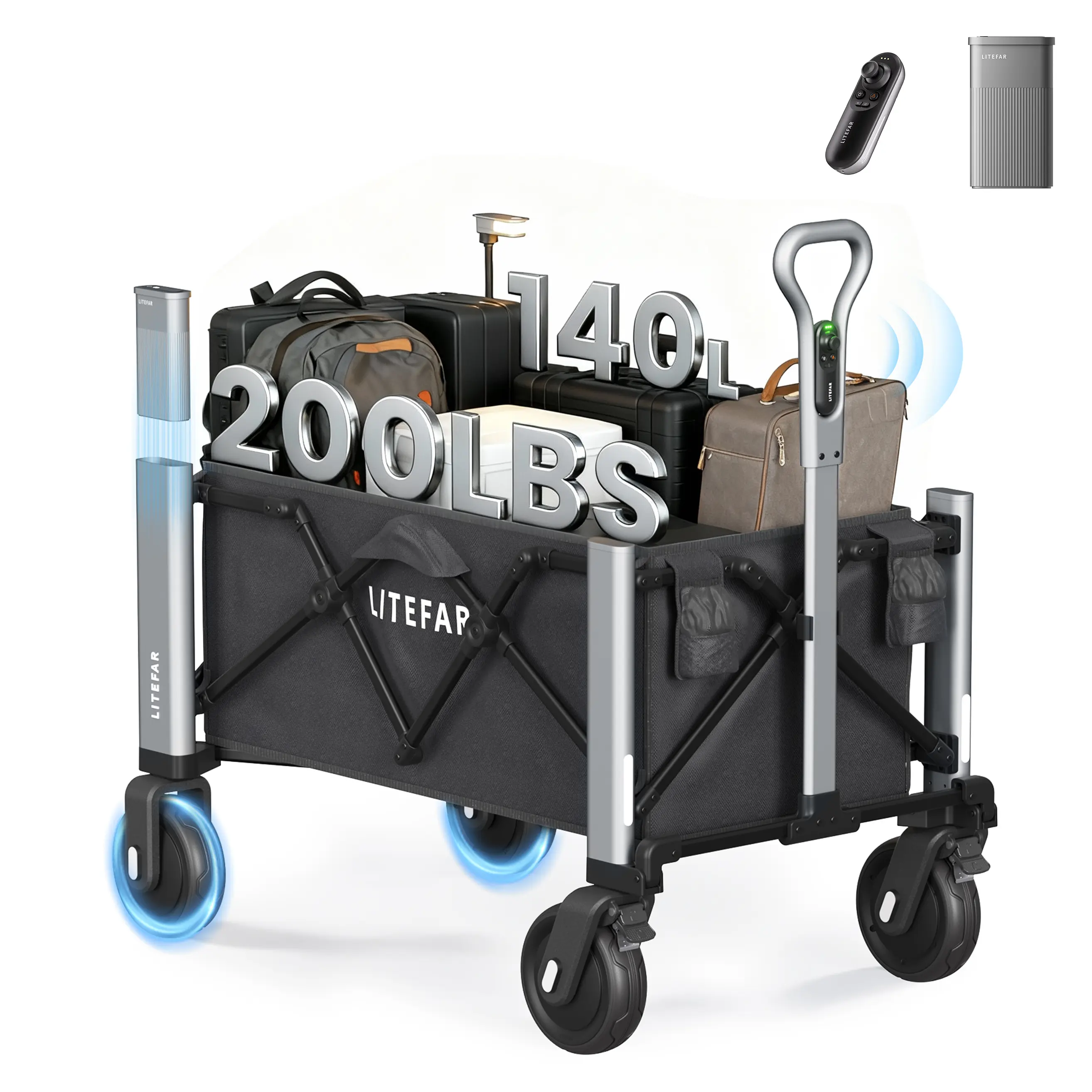 LITEFAR Orion Remote Controlled Electric Collapsible Wagon 140L 200LBS Foldable Cart with 7.5 All Terrain Wheels Brakes 7.5 Miles Battery Life Portable for Camping Garden Heavy Duty Shopping