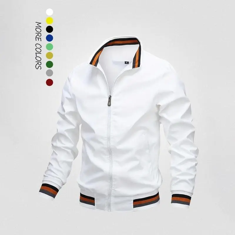 Men's Striped Trim Zipper-Up Bomber Windbreaker Jacket - Casual Athletic Streetwear Outerwear with Long Sleeves, Pockets, Easy-Care Mensfashion for Fall Daily Wear, S-3XL
