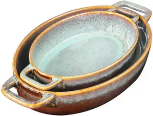 2-Piece Ceramic Baking Dish Set, Oval Baking Pans with Double Handles, 12.4IN & 9.8IN Reactive Glaze, Suitable for Lasagna, Baking and Oven Use