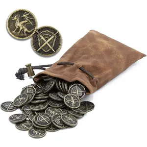 Metal Coins and Carrying Pouch for Tabletop RPG Board Games - 100 Count DND Coins Fantasy Coins with Dragons & Sword and Shield Engraving