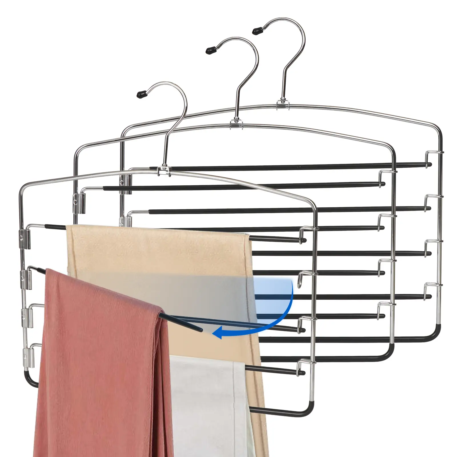 3 Piece Space Saving Pants Hangers 4 Tier Metal Swing Arm Closet Organizer Anti Slip Slack Hangers for Jeans Trousers and Towels