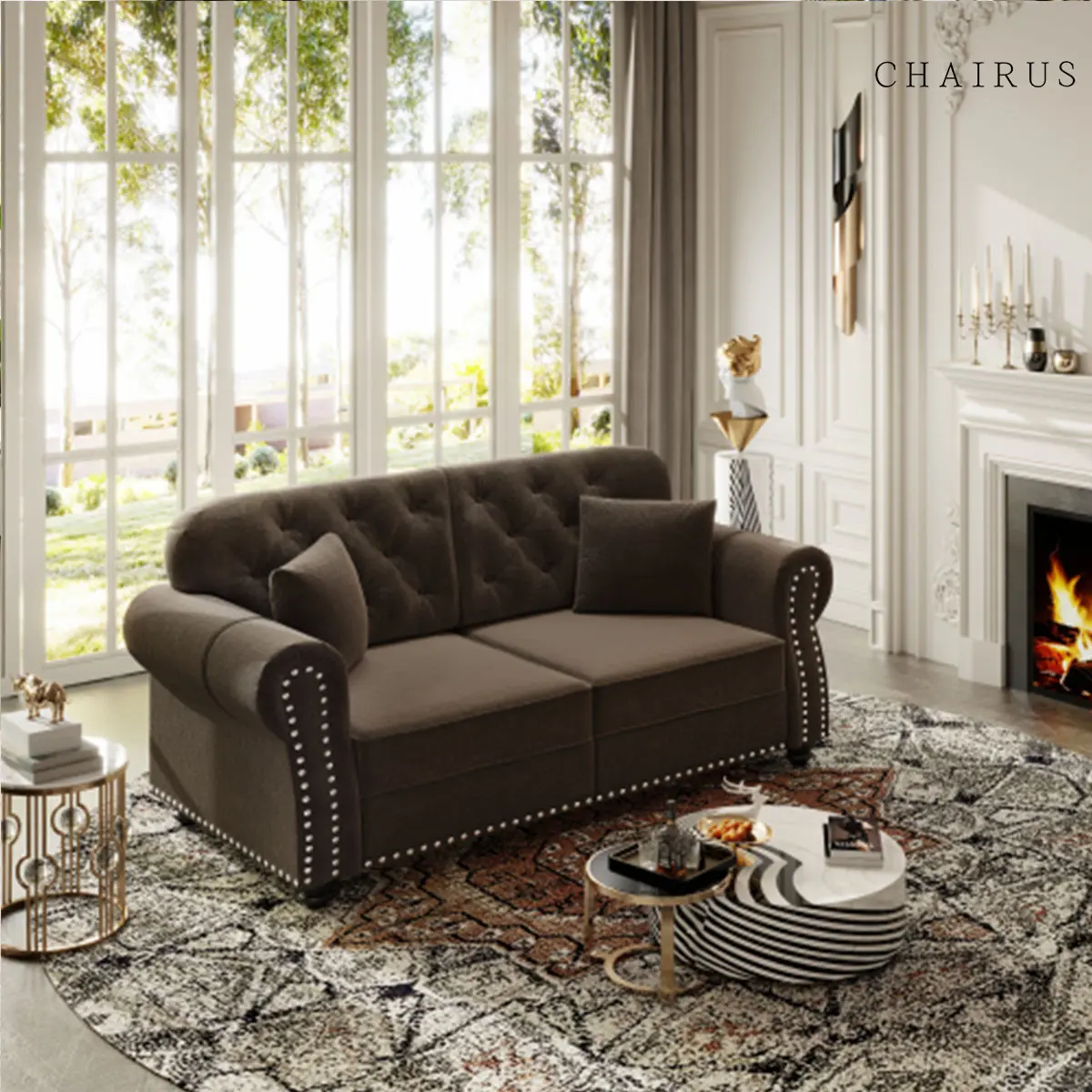 CHAIRUS 63-Inch Brown Velvet Chesterfield Sofa - Mid-Century Modern, Button Tufted, Rolled Arms, Nailhead Trim Couch with High-Density Foam, Solid Wood Frame, Durable Build & 2 Throw Pillows