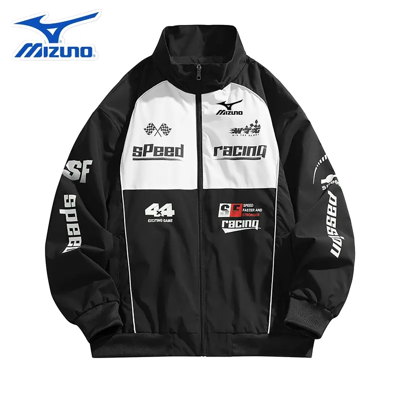 Mizuno Retro Racing-Inspired Bomber Jacket - Lightweight Stand-Collar Windbreaker Tops for Streetwear, Everyday Wear & Outdoor Activities, Pair with Denim, Sneakers, Tee