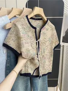 Women's khaki bohemian vacation short-sleeve knit top. Loose round neck, contrast floral print, front tie design, contrast piping. Comfortable for spring & summer casual wear.