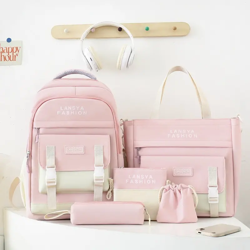 Teen Girls' 5pc Organized Cute Backpack Set (12-13 Years Youth Size) - Lightweight Blue Casual Minimalist Synthetic Chic, Tote Bag, Pencil Case, School Supplies for First Day of School (Do Not Dry Clean)