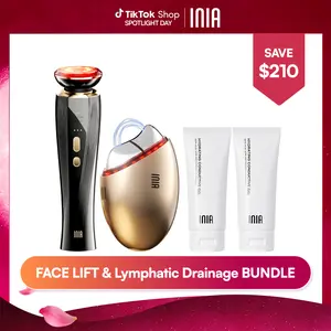 INIA GLACE & FLARE Bundle – All-in-1 Face & Neck Sculpting Beauty Device for Lymphatic Drainage with Microcurrent Lifting, Lift, Tighten, De-Puff, Serum Infusion, Red & Blue Light, Thermal & Cryo Therapy, Buy 1 Get 4, Ideal Gift Set
