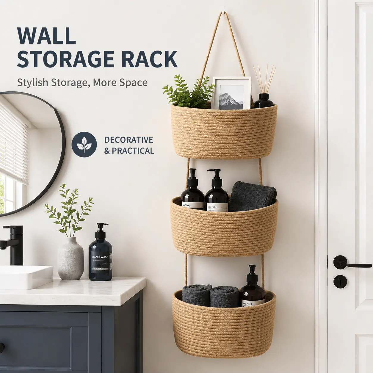 3-Tier Hangable Over-the-Door Storage Basket - Natural Cotton Woven French Country Organizer, Wall-Mounted Jute Holder with Gift Hook, 44.5 in Washable Folds for Bathroom Items, Busy Parents (Basket Storage Solutions for Diapers)