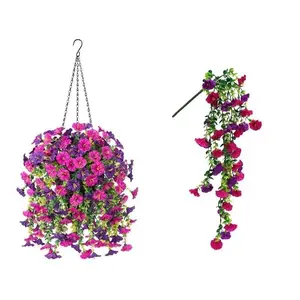Garden landscape - Evergreen low-maintenance artificial flowers - Realistic hanging petunia baskets. Outdoor garden decoration, made of PVC material, with UV-resistant flowers, suitable for home porches, balconies and garden decoration.