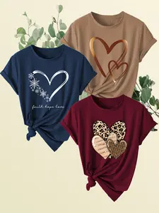 3-Pack Heart Pattern Short Sleeve T-Shirts, Women's Round Neck Casual Everyday Sports Tees, Slim-Fit Summer Top, Ladies' Basic Pullover