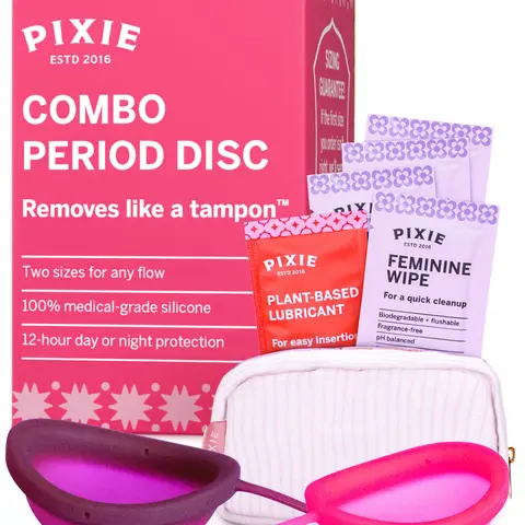 Pixie 2 Menstrual Discs for Feminine Care - 100% Medical-Grade Silicone - Ranked 1 for Softest Reusable Period Disc - Removes Like a Tampon - Wear 12 Hours - Capacity of 5 and 7 Tampons