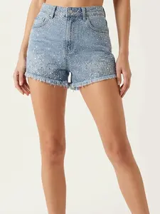 Women's Fashion Rhinestones Wide Leg Shorts High Stretch High Waist Streetwear