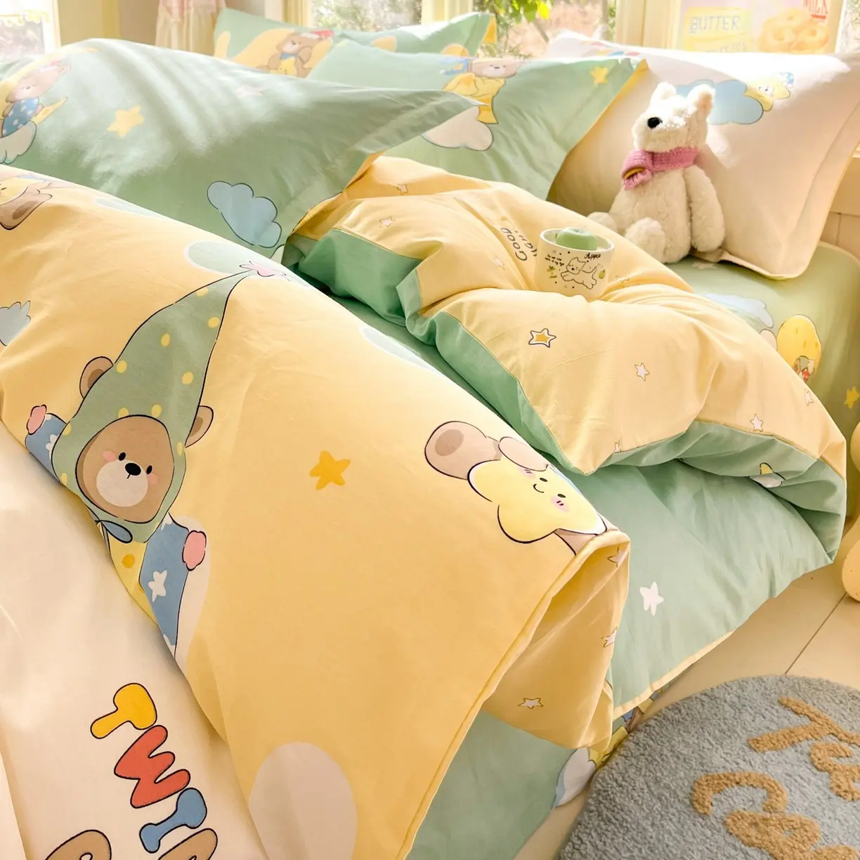 100% Cotton 4-Piece Bedding Set – Suitable for Students and Dorms (Includes Fitted Sheet, Flat Sheet, and Duvet Cover)