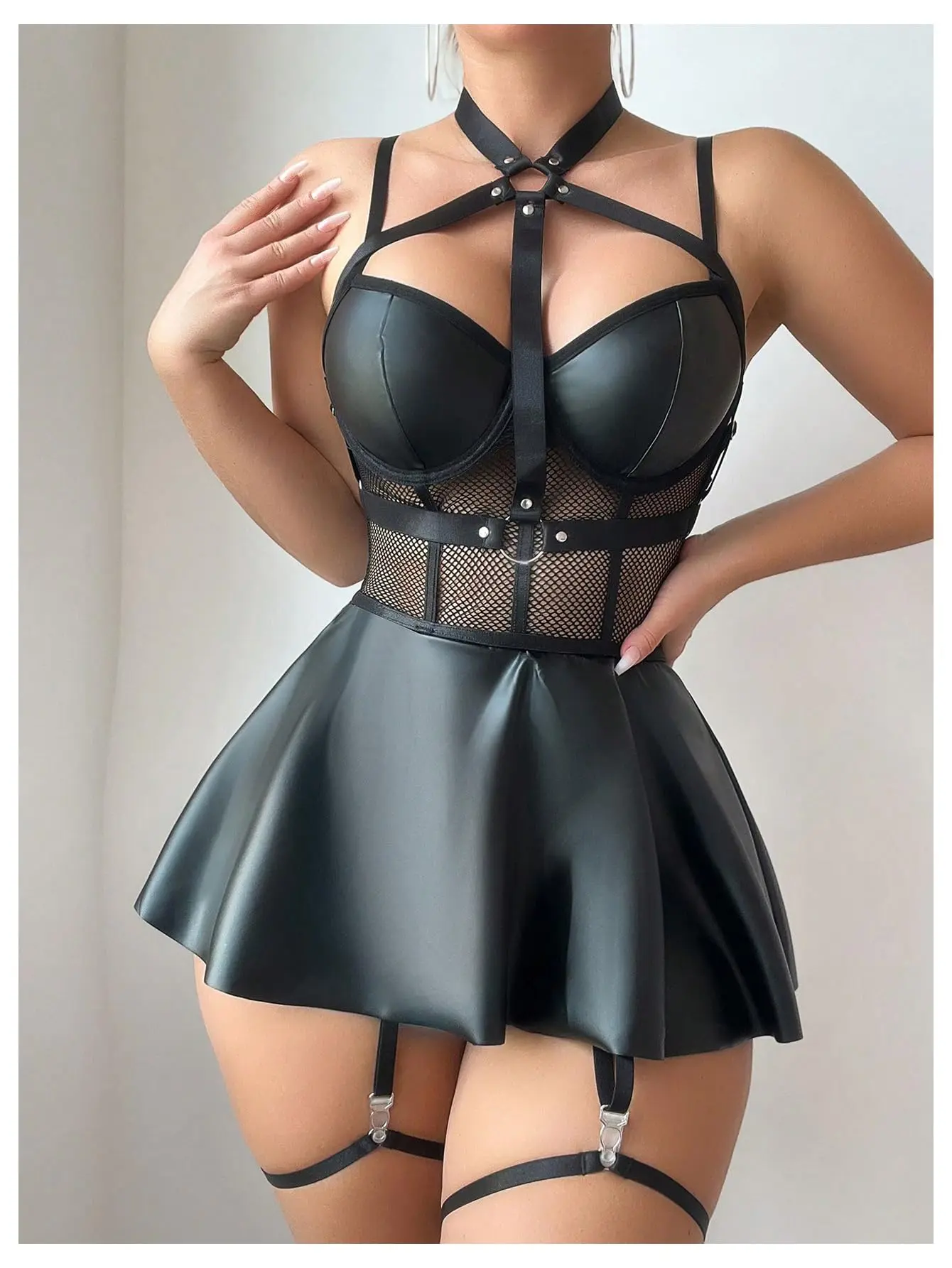 Women's Soft Pu Leather 1-Piece Hollow-Out Halter Underwired Flared Lingerie Dress with Belt & Premium Fabric, Breathable, Hollow-Out Cut Highlights The Body, Lingerie Set, Lady, Party, Garter Belt, Halter Neck, Valentines Day