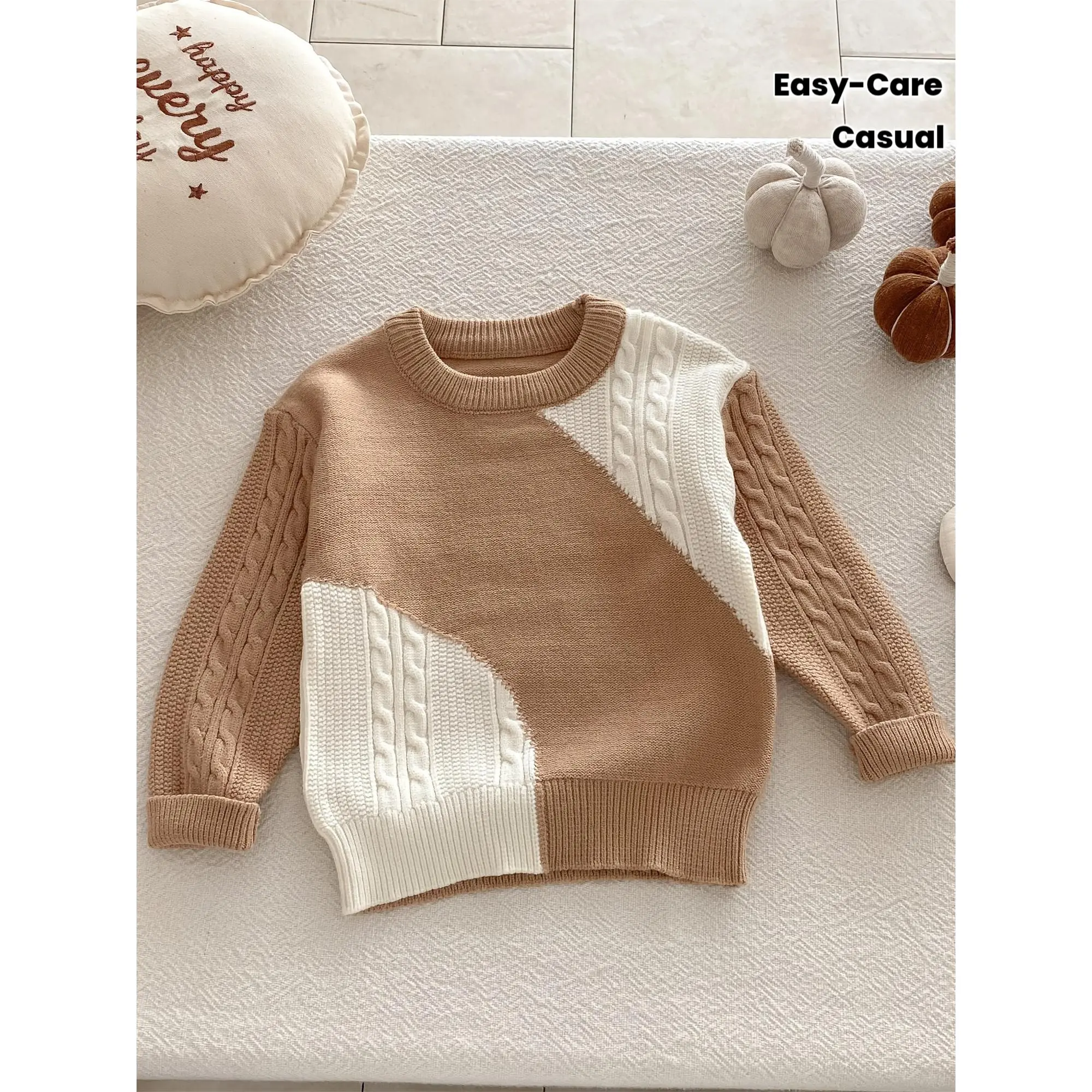 Boys' Color Block Sweater - Two-Tone Brown & Geometric Cable Knit Pullover, Long Sleeve Round Neck Casual Warm Sweater for Spring/Fall Layering, & Little Boys (Easy-Care Hand Wash/Dry Clean)
