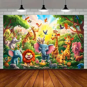 2D flat banner, 1pc, Various animals_ including giraffes_ elephants Background Decoration Background Photo Props, Polyester Banner Decor, christmas decorations, Home Decor, Room Decor, Wall Decor,