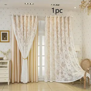 1pc French Double Layer Mirror Sheer Fabric, Sunshade Insulation, Balcony Bedroom Decor, Butterfly Hollow Custom Drapes, Two Colors Available, Thermal Insulated Curtain