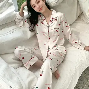 Girls' faux ice silk pyjamas, ladies' long-sleeved lace green premium feeling two-piece set of sweet loungewear, love blue cloth