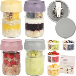 4 Pack Overnight Oats Containers with Lids, Folding Spoons and Divided Compartments for Fruit & Nuts, Small Glass 16oz Mason Jars for Oatmeal Yogurt Parfait