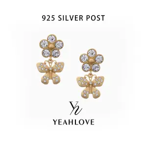 YEAHLOVE Whimsical Floral Butterfly Drop Earrings  925 sterling silver posts — hypoallergenic, sensitive ears friendly. Matte gold vintage crystal design. Perfect for weddings, daily wear, or a heartfelt gift.