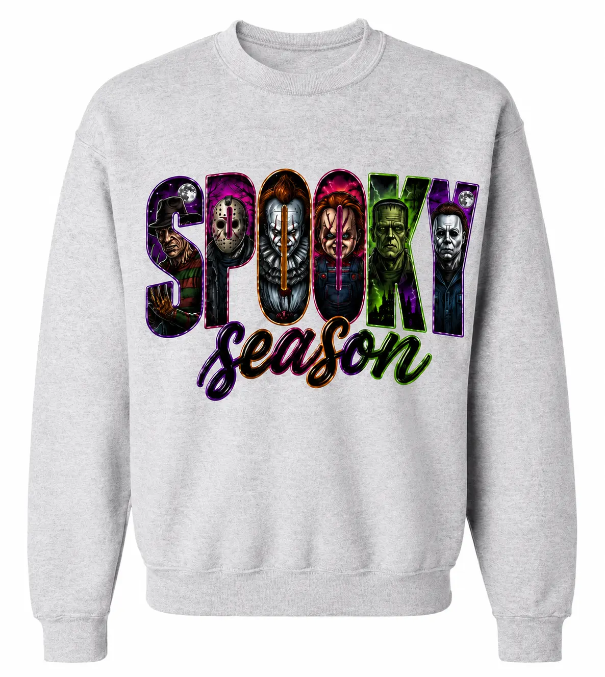 Women's Horror Theme Character Print Crewneck Sweatshirt - Polyester-Cotton Blend, Oversized Pullover Tops, Soft, Ribbed Cuffs, Spooky Fall Halloween Style, Multi-Size, Casual Everyday Wear