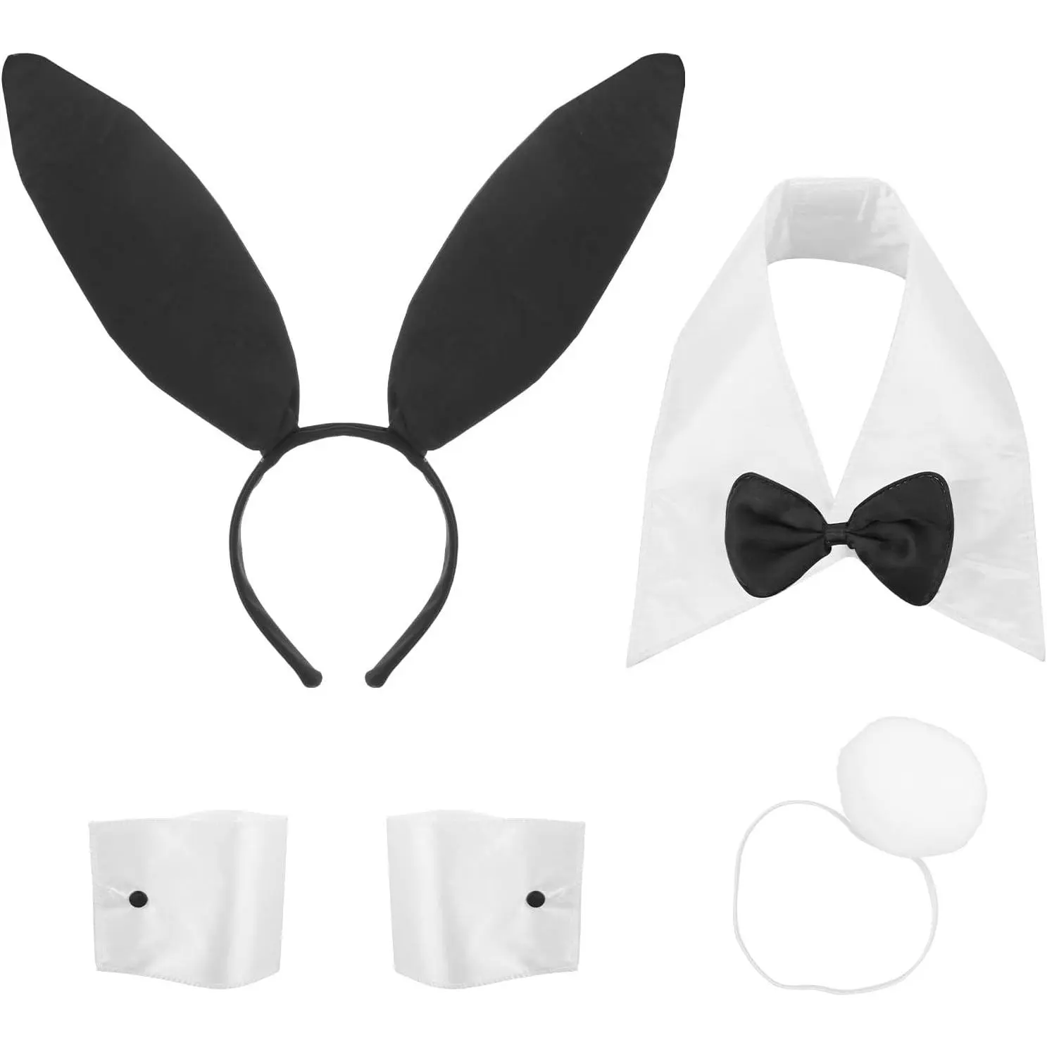 Bunny Costume Set 5 count Bunny Ears and Tail  Furry Tail  Costume Cuffs,  Prom Accessories for Women Halloween Party , Photoshoot Bunny Ears Headband Black, White