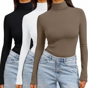3-Piece Women's High Neck Long Sleeve Shirt Set Autumn Fashion Basic Thermal Underwear Top Winter Clothing Casual Basic Lightweight Base Shirt Solid Color Slim Fit Top