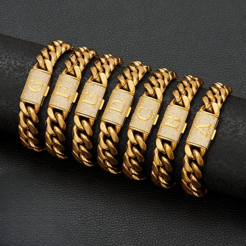 Personalized Initial Cuban Link Bracelet for Men Gold Color Cuban Bracelet 14mm 7.5/8.5in - Durable Alloy Chain with Laser Letters A-Z, A gold-bottomed and gold-covered letter-shaped bracelet claspMen's Hip Hop Jewelry Gift for Daily Style
