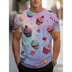 Men's Pastel Candyland All-Over Print T-Shirt - Whimsical Cupcake, Gummy Bear & Sprinkle Pattern on Gradient Background, Casual Short Sleeve Round Neck Tee for Summer