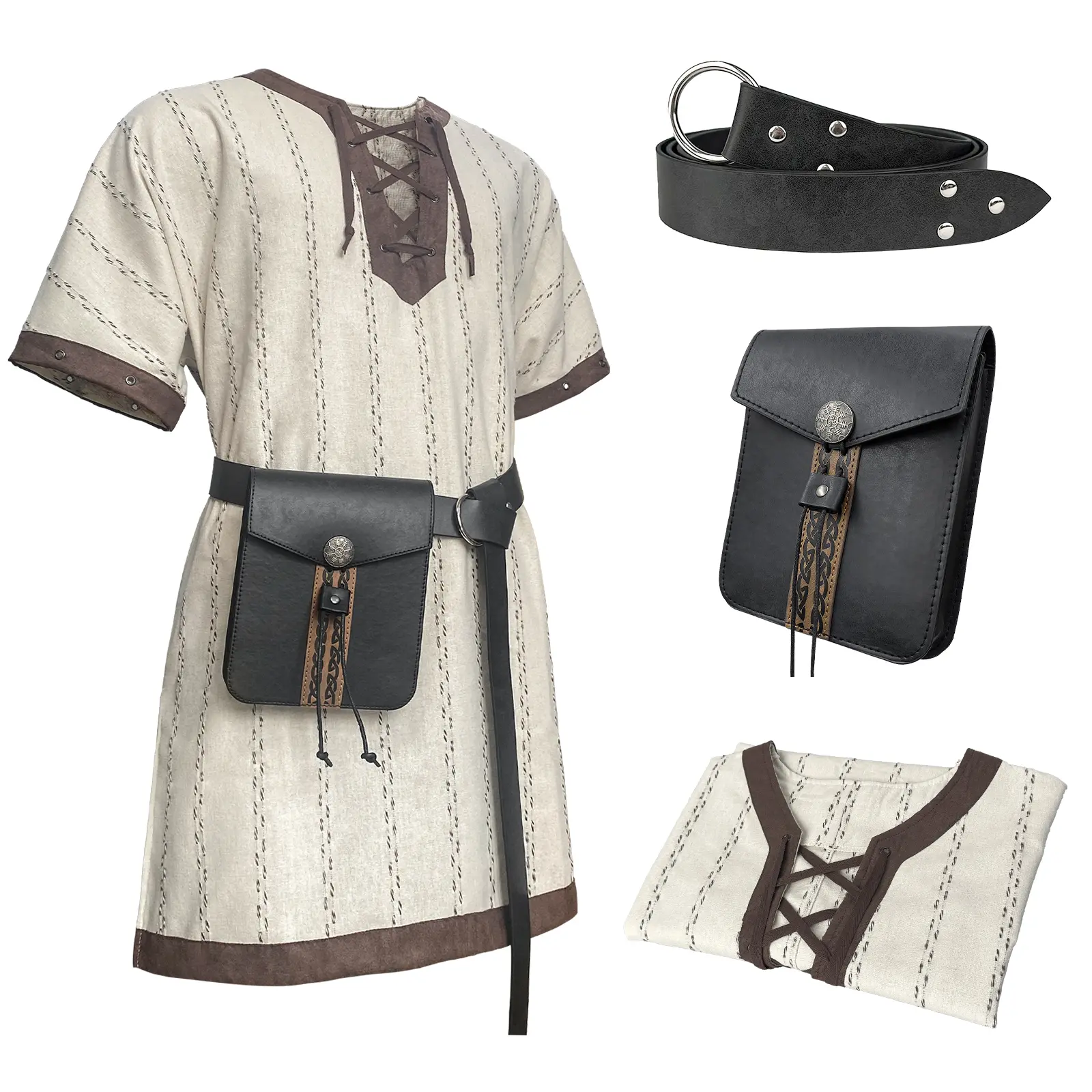 HiiFeuer Men's Medieval Striped Lace-Up Tunic - Loose Fit Polyester Clothes with Vintage Belt, Bag, Medieval Accessories for Costumes, Daily Wear
