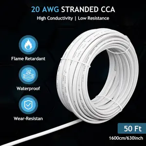 20AWG Speaker Wire Cable(50FT/100FT) with 2 Conductor Speaker Cable (CCA) Copper Clad Aluminum CL2 Rated In-Wall Speaker Wire for Home Theater & Car Audio-White
