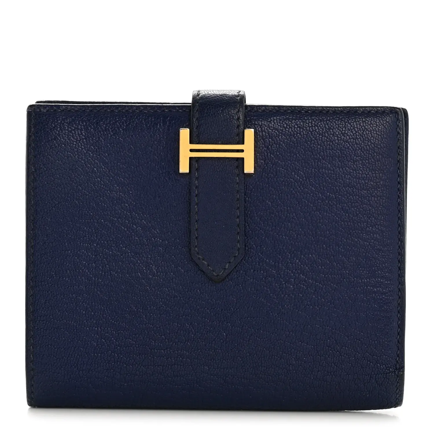 Pre-owned HERMÈS Leather Small Leather Goods Chevre Mysore Bearn Compact Wallet Bleu Encre