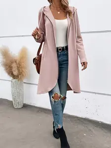 Women's Fashion Basic Zipper Adjustable Drawstring Hooded Long Sleeve Fitted Jacket, Long Everyday Casual Outerwear for Outdoor Use, Stylish Ladies' Coat