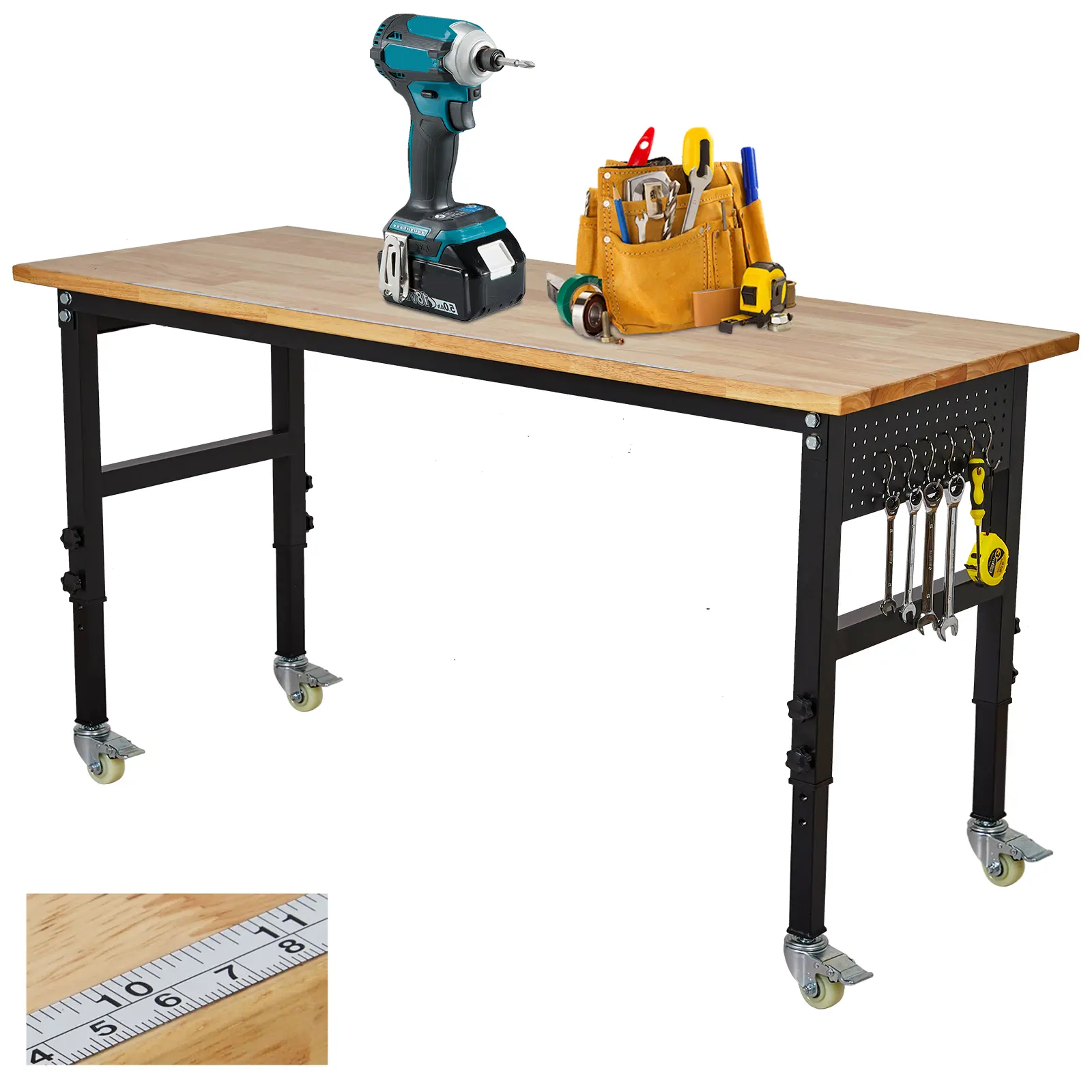 Garvee Heavy Duty Adjustable Height Moving   work bench  , 2000 lbs Capacity - Multiple Sizes of Rubberwood Tabletop - Power Outlet - Pegboard, Hooks, Ruler - Locking Casters Suitable for various scenarios such as garages