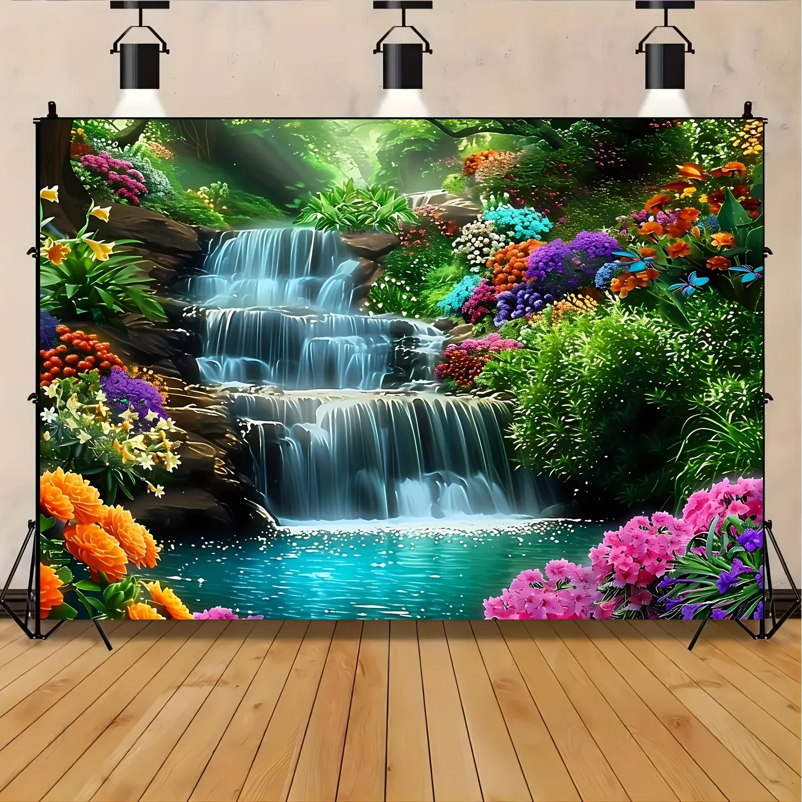 Polyester Nature Scene Waterfall Backdrop Picture - Vibrant Flowers Wall Hanging Backdrop, Suitable for Party Decor, Home Decor