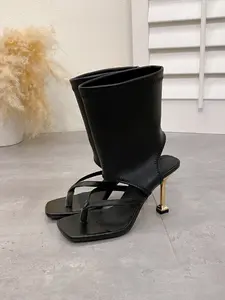 Women's Square Toe High Heel Sandals, Elegant Sandals, New Elastic Bootie Short Boots Metal Thin Heels Flip Flops, Stylish Summer Footwear